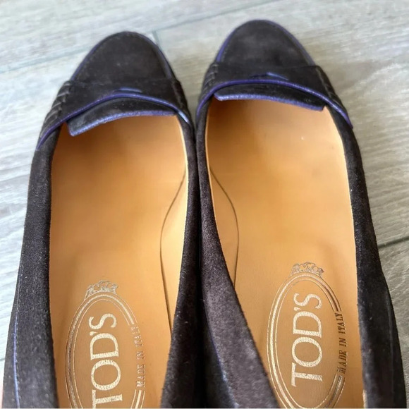 Tod’s Brown Suede Leather Purple Trim Studded Kitten Heel  Pump - Picture 5 of 13